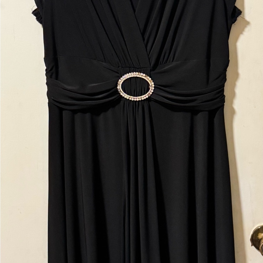 R&M Richards Dress Women's 14 Black Evening Rhinestone Cocktail Midi Fit Flare